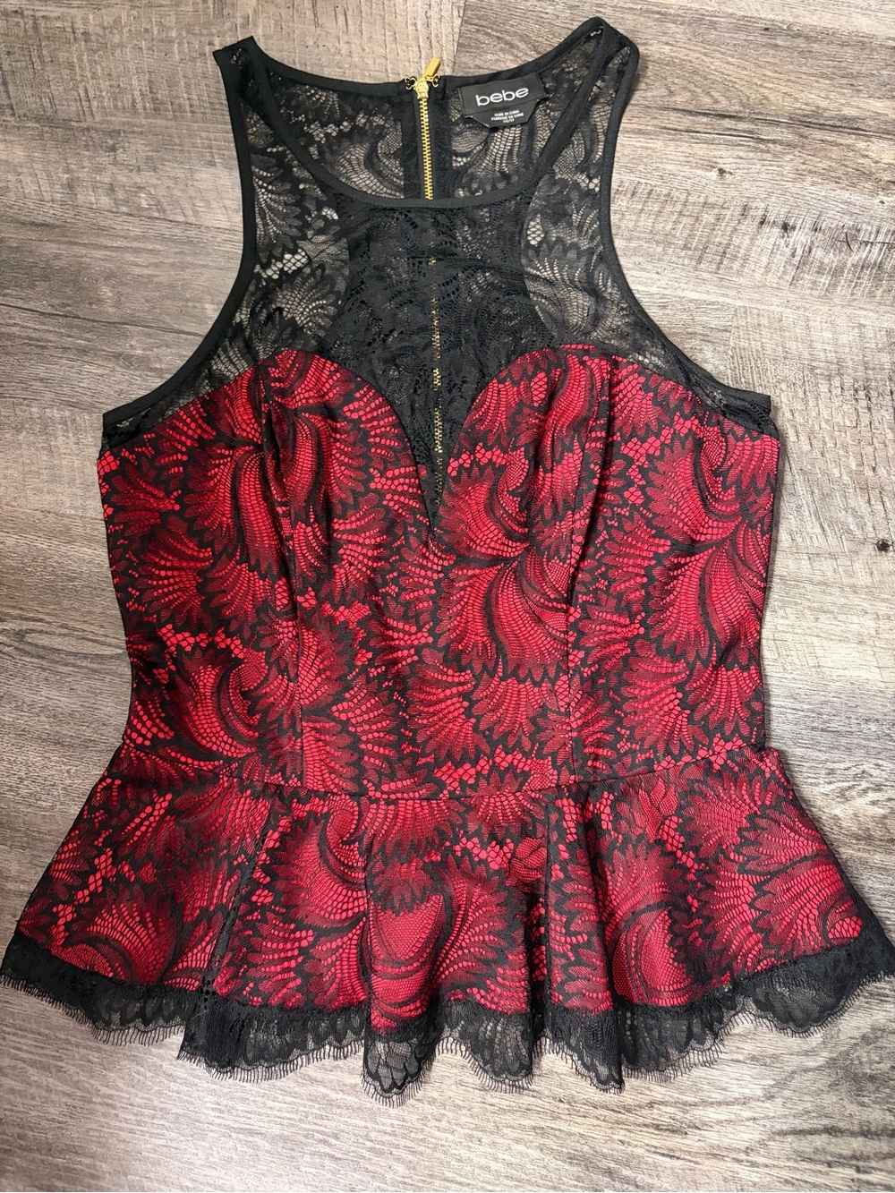 Bebe sexy floral black, red lace peplum sleeveless top